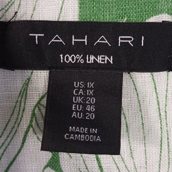 TAHARI,  1X, Linen, Green/White Floral Print Tunic Top, V Neck, Full Cut Beachy - Picture 2 of 14